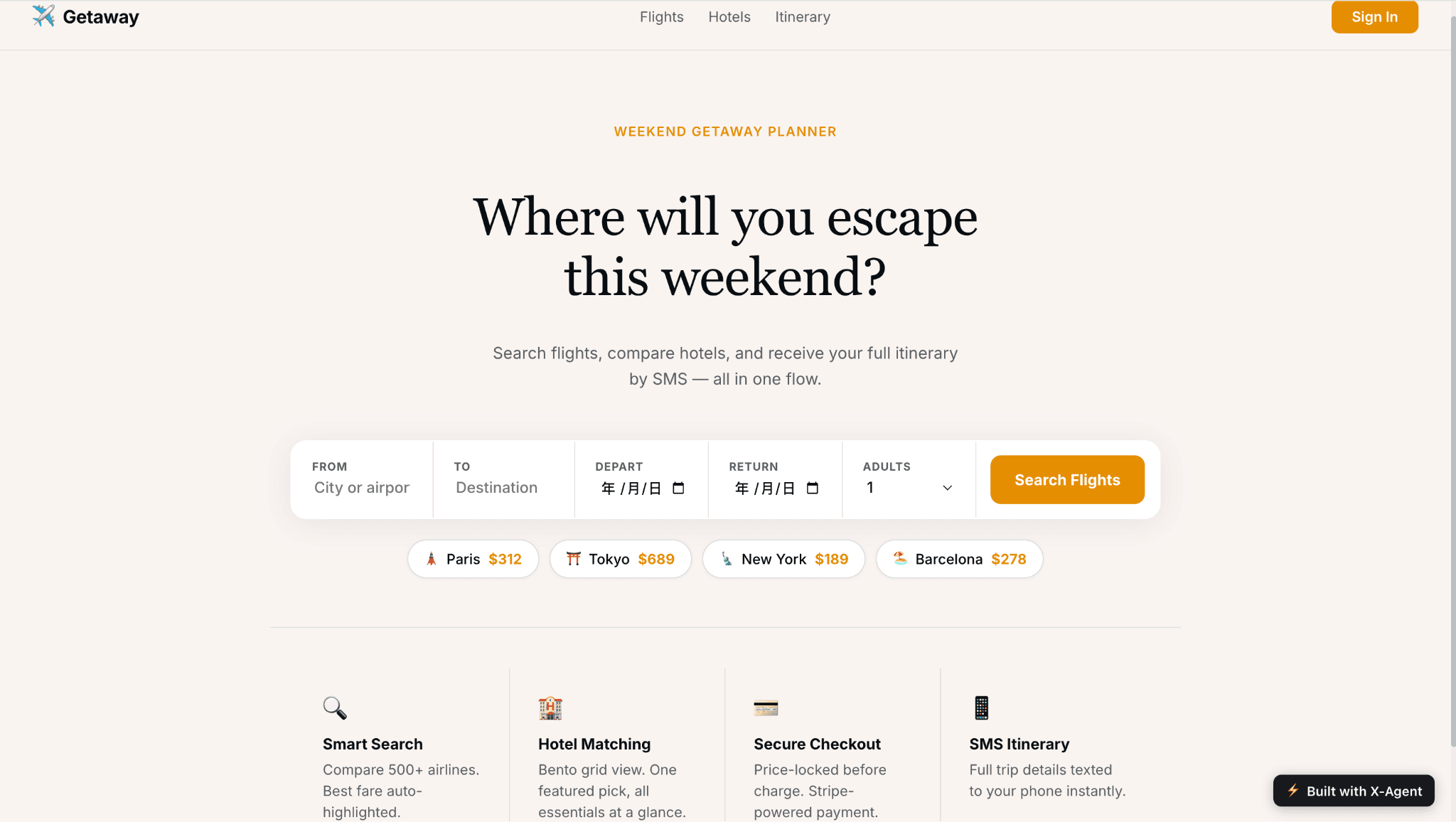 The Weekend Getaway Planner — agent built on X-Agent